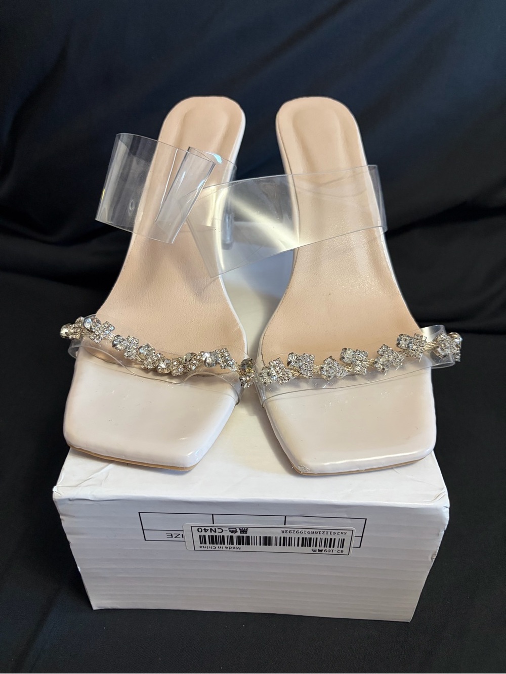 SHEIN Beige Clear Strap Heeled Mules with Crystal Trim